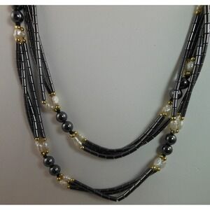 Boho Magnetic Hematite Beaded Necklace with Glass Pearls Gold Spacers 32" long